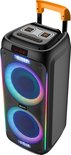 Zwarte Denver Bluetooth speaker met twee ronde, verlichte woofers. Oranje handvat bovenop. 'LINE' display.