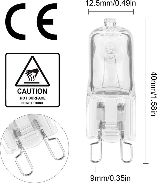 Een G9 halogeenlamp met afmetingen (40mm hoog, 12.5mm breed), met CE- en waarschuwingssymbolen.