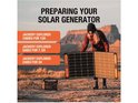 Vrouw met beanie draagt Jackery zonnepaneel, naast power station. Tekst: 'PREPARING YOUR SOLAR GENERATOR', en laadtijden.