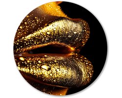 Gouden lippen met waterdruppels - Goud muurcirkel - Wandpaneel lippen - Hyperrealisme - Aluminium muurdecoratie rond - Industriƫle muurkunst - Muurcirkel aluminium 80x80 cm