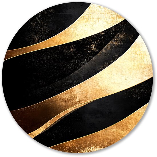 Abstracte golven in zwart en goud - Goudaccenten muurcirkel - Wandobject rond golven - Art Deco - Dibond schilderij - Wanddecoratie woonkamer - Muurcirkel aluminium 40x40 cm