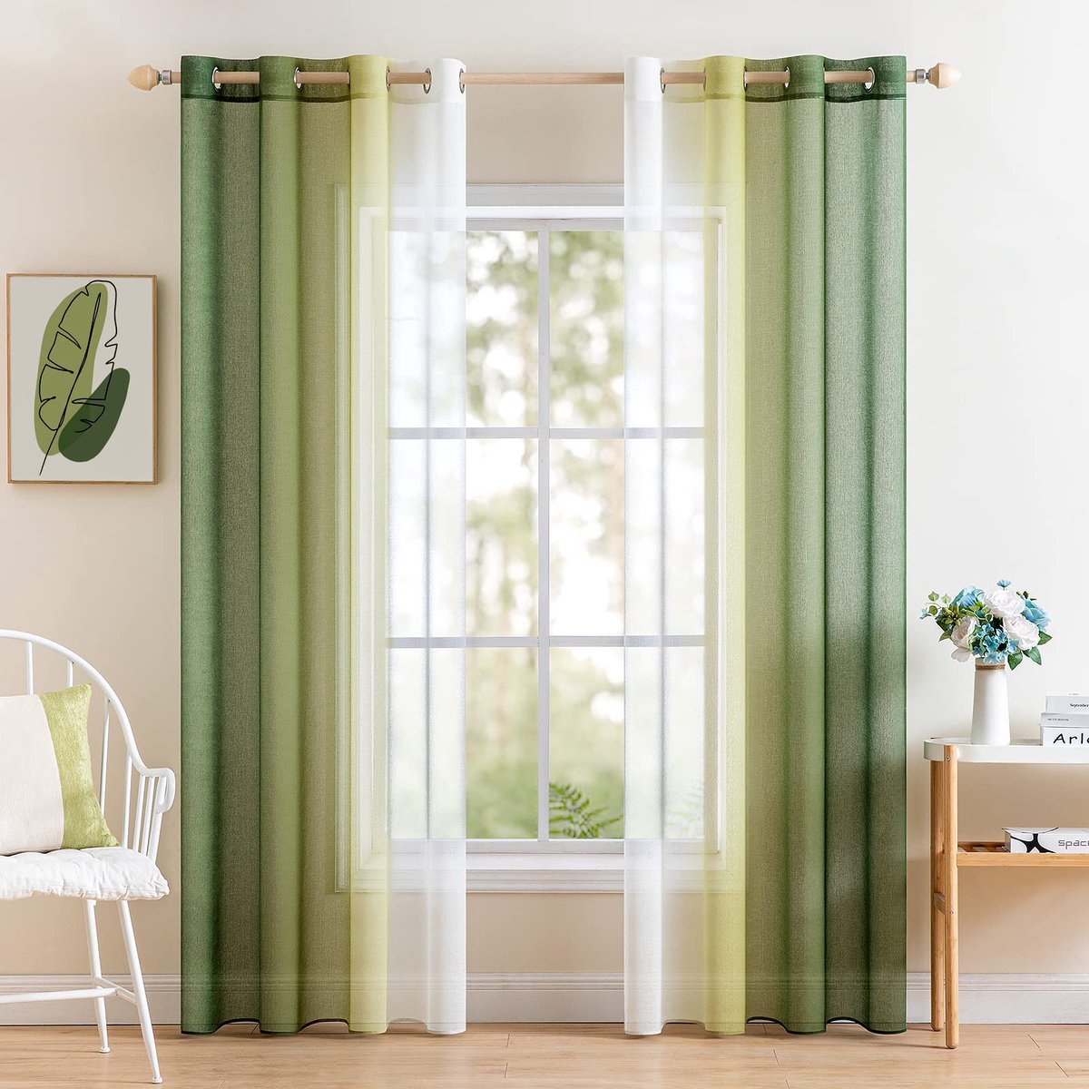 Unyqoos Elegant Tweekleurig Transparant Gordijnenset met Inslagringen voor Slaapkamer 140 x 245 cm groen