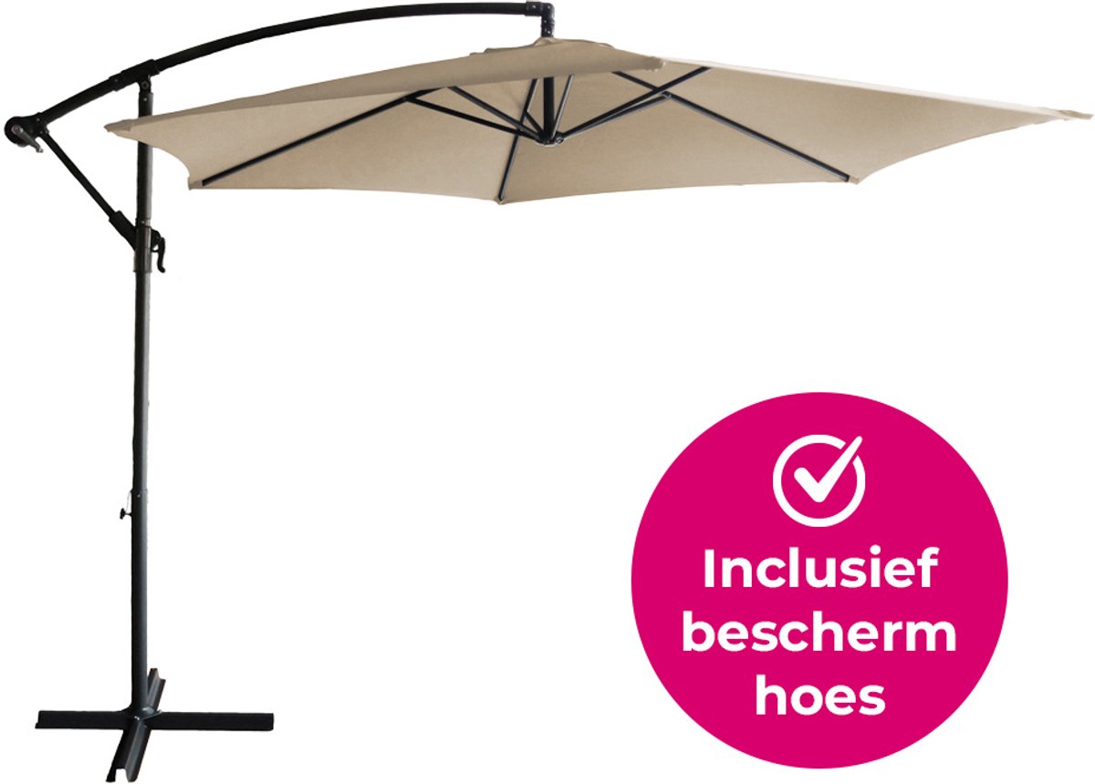 Bol.com BluMill Zweefparasol Met Voet en Beschermhoes - Ø 300 cm - Waterdicht - Kantelbaar - Verstelbare Hoogte - Taupe - Beige aanbieding