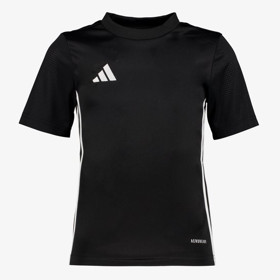 Zwart Adidas Tabela 23 voetbalshirt met witte logo's en strepen aan de zijkant.