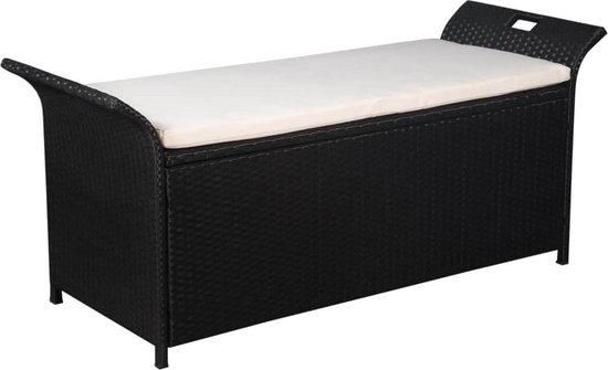 vidaXL Opbergbank met kussen 138 cm poly rattan zwart