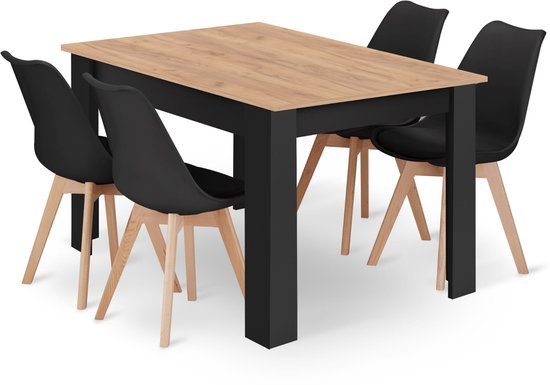 Eethoek - Eettafelset - NP 120x80 Craft met Zwarte Poten + 4 Stoelen MARK Zwart met Beukenhouten Poten, Modern Design, Geschikt voor Keuken, Eetkamer en Woonkamer