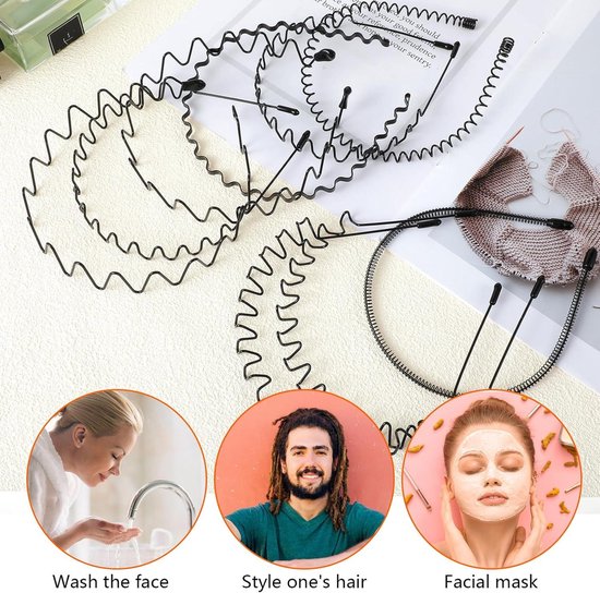 Bandeaux en métal pour hommes - Set de 9, design ondulé, antidérapants pour le sport, le yoga, la danse et le maquillage