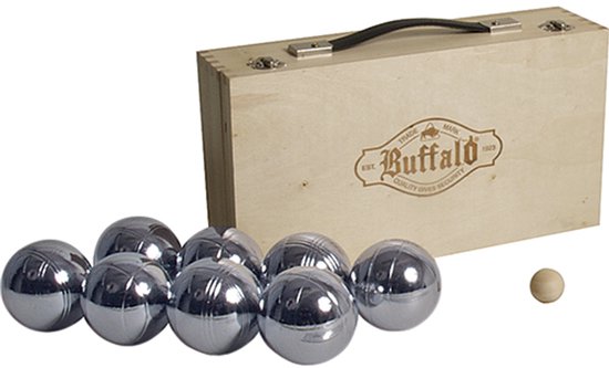 Ensemble de boules de pétanque en métal brillant, avec mallette en bois et cochonnet.