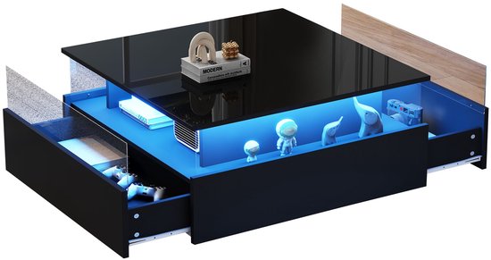 Merax Salontafel Zwart Hoogglans – 70x70 cm – Verlichting en 2 Lades
