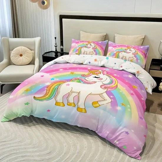 Vavida Dekbedovertrek - Eenpersoons - 140 x 200 - Eenhoorn - Gouden Manen - Unicorn - Kind - Meisje — afbeelding 3