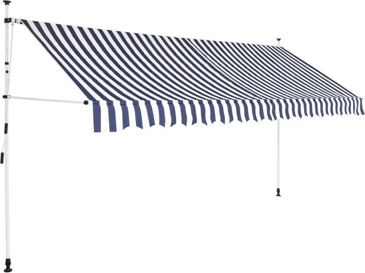 Bol.com vidaXL - Luifel - handmatig - uittrekbaar - 350 - cm - blauw - en - witte - strepen aanbieding