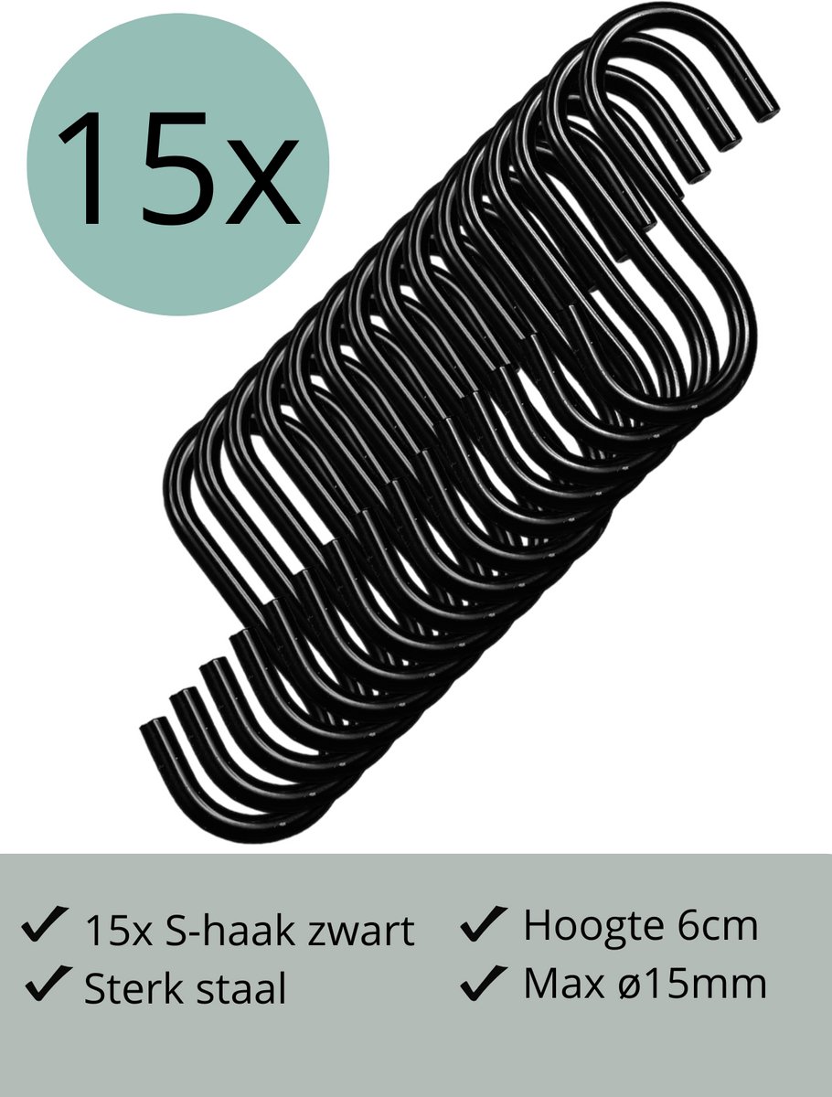Leathergoodz - 15x S-haakjes Zwart - 6cm/klein - ø15mm - s-haakjes - ophanghaken - handdoekhaakje - S-haken