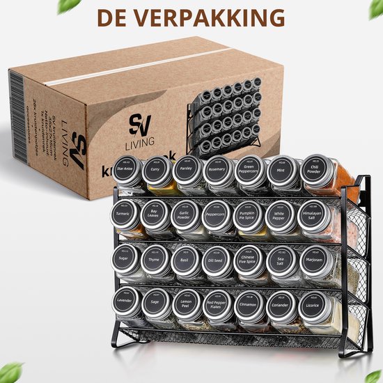 Étagère à épices SV Living - Avec 28 pots à épices en verre et accessoires - Organisateur d'épices debout et suspendu