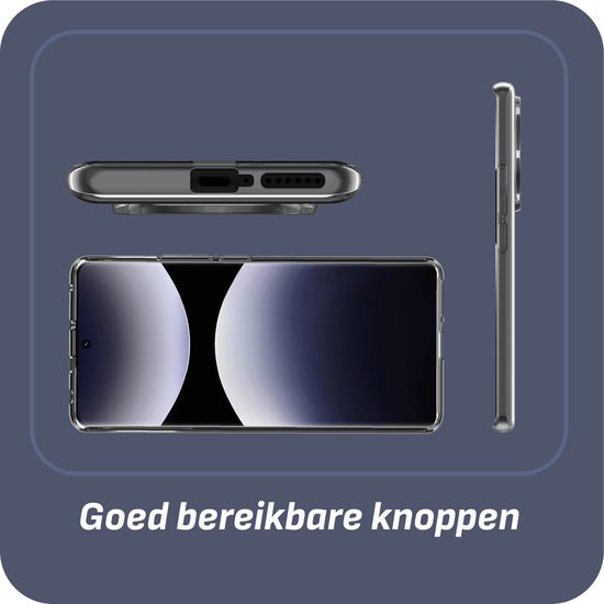 Zijaanzichten van de doorzichtige hoes voor de Xiaomi Redmi Note 14 Pro 5G, met zichtbare knoppen.