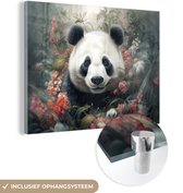 MuchoWow® Glasschilderij 120x90 cm - Schilderij acrylglas - Panda - Wilde dieren - Bloemen - Natuur - Foto op glas - Schilderijen
