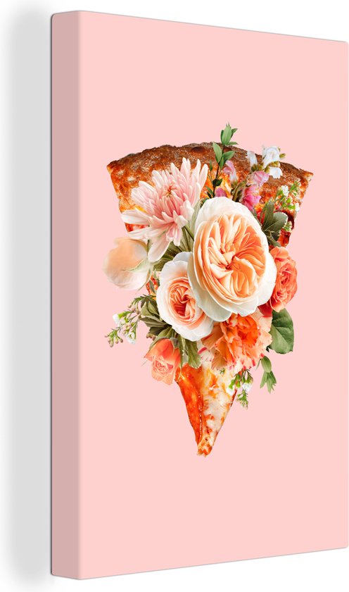 Canvas Schilderij Stilleven - Pizza - Bloemen - 60x90 cm - Wanddecoratie