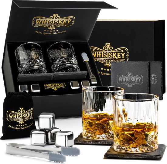 Whisiskey Luxe Whiskey Set - Incl. 2 Whiskey Glazen, 4 Whiskey Stones, 2 Onderzetters, Fluwelen Opbergzak, Opbergbox - Whisky Geschenkdoos - Glas - Herbruikbare IJsblokjes - Whisiskey