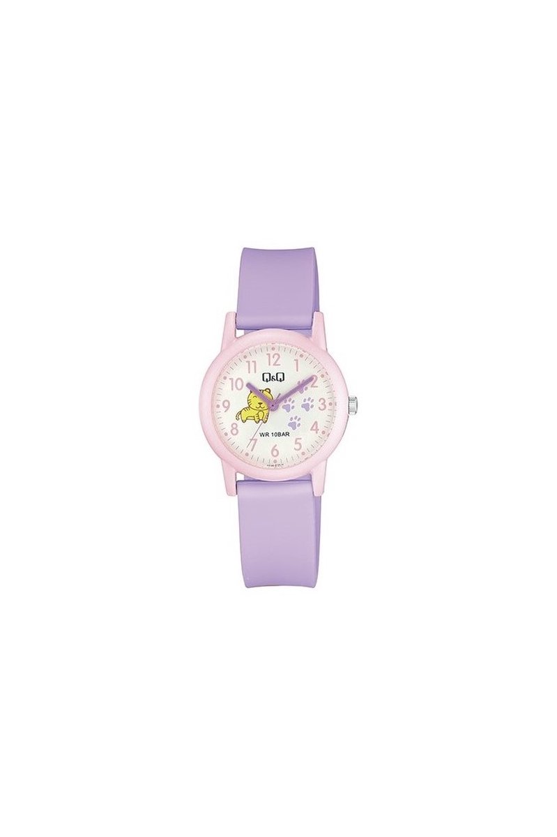 QQ V23A-012VY - Horloge - Sport - Analoog - Kinderen - Unisex - Plastic band - Rond - Kunststof - Cijfers - Kat - Roze - Paars - Wit - 10 ATM