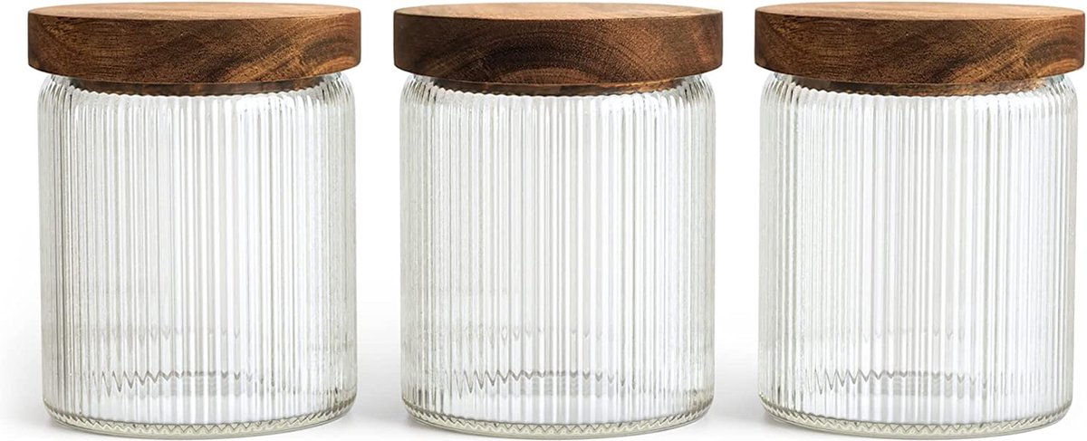 ElbFuchs® Voorraadpotten met deksel luchtdicht | 3x 700ml | Glazen voorraadpotten van borosilicaatglas met houten deksel | Voor zout, suiker, thee en muesli ElbFuchs® Voorraadpotten met deksel luchtdicht | 3x 700ml | Glazen voorraadpotten van borosilicaatglas met houten deksel | Voor zout, suiker, thee en muesli