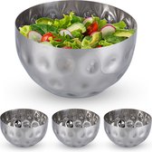 Relaxdays 4x saladeschaal zilver - saladekom rvs - 1 liter - serveerkom - metalen schaal