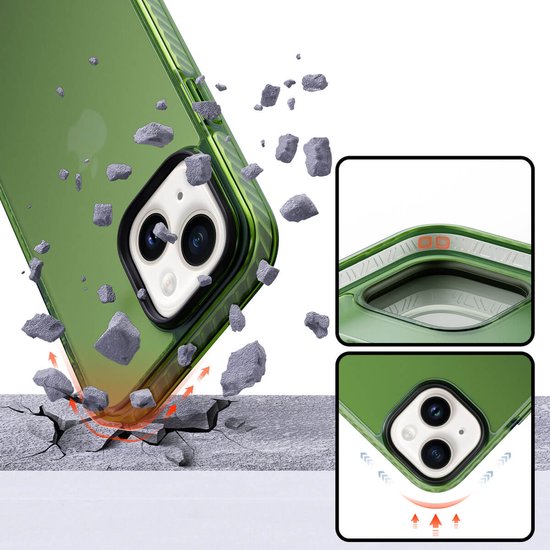 Valtest: groene, transparante hoes beschermt iPhone 13 tegen vallend puin. Weergave schokabsorptie.