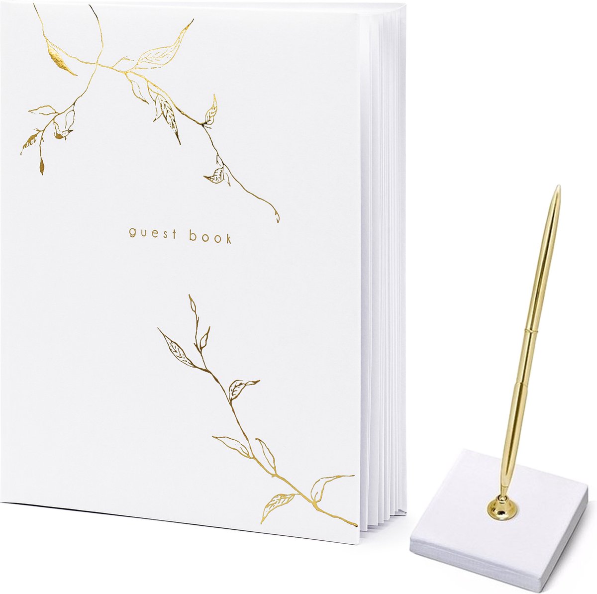 Gastenboek/receptieboek met luxe pen in houder - Bruiloft - wit/goud - 20 x 24,5 cm - PartyDeco