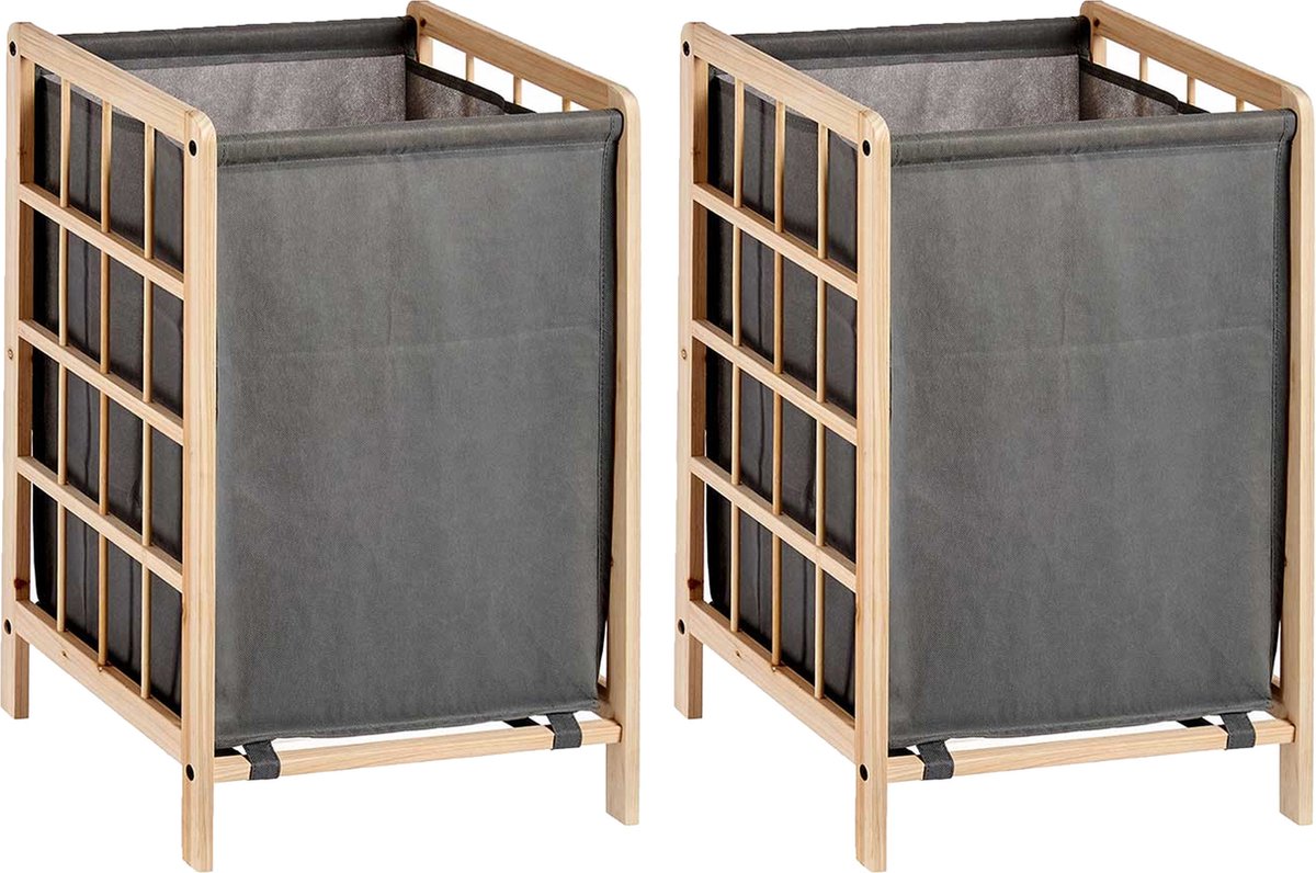 Goedkoopste Kipit Wasmand Woodbox - 2x - met opvang waszak - 50 liter compartiment - 40 x 33 x 60 cm