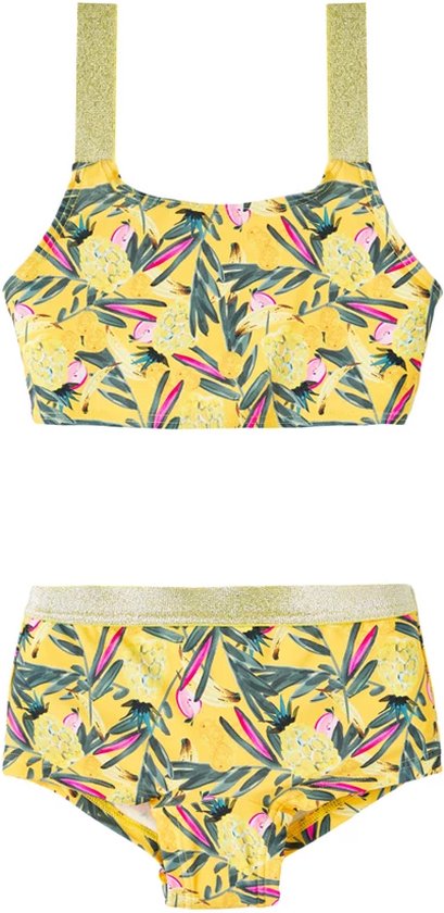 Gele bikini met tropische print van ananassen, bladeren en vogels. Gekleurde schouderbandjes met glitters.