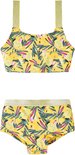 Gele bikini met tropische print van ananassen, bladeren en vogels. Gekleurde schouderbandjes met glitters.