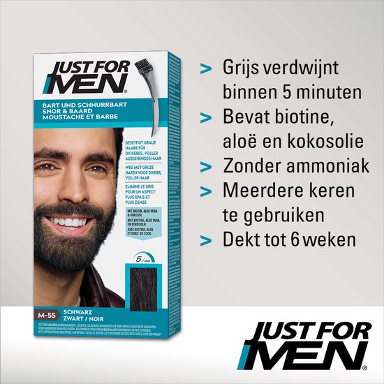 Just for Men Snor en Baard Haarkleuring M55 Zwart - Haarverf voor Mannen - Grijs Haar Verdwijnt in 5 Minuten - Versterkt Natuurlijke Kleur - Eenvoudig te Borstelen - Zonder Ammoniak - Meerdere Keren Bruikbaar - Blijft tot 8 Weken Zitten