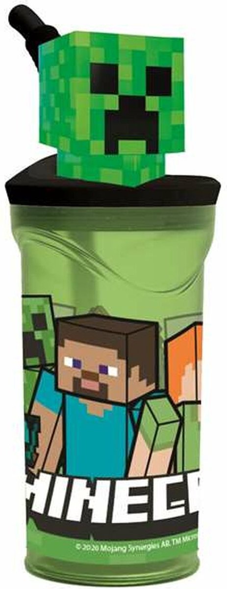 Minecraft Drinkbeker met rietje – 360 ml – Herbruikbaar – Met 3D-figuur – BPA-vrij – Tumbler voor kinderen vanaf 4 jaar – Transparant groen