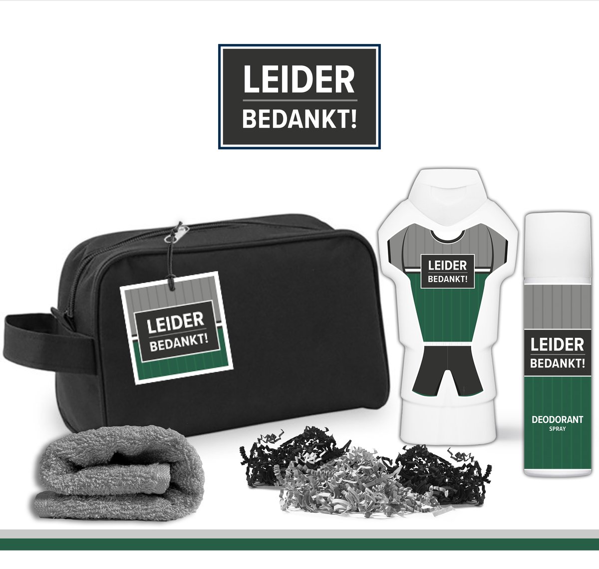 Goedkoopste Geschenkset Leider bedankt! - 4 producten - 500 gram | Toilettas - Cadeau - Man - Toernooi - Voetbal - Volleybal - Hockey - Handbal - Basketbal - Korfbal - Trefbal - Waterpolo - Rugby - Sport - Wedstrijd - Team Leider - Trainer - Coach - Groen