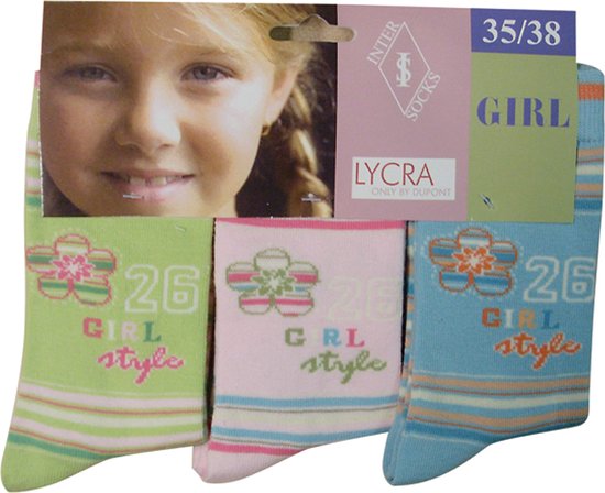 Meisjes sokken - katoen 6 paar - style08 - maat 31/34 - assortiment groen/roze/blauw - naadloos