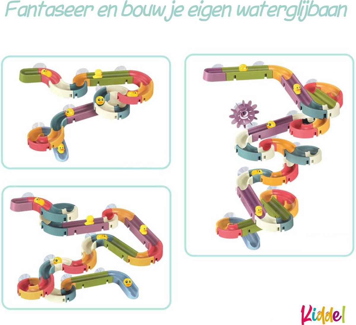 Kiddel XL Waterbaan & Glijbaan Badset – 66-delige DIY Waterbaan met Eendjes – Knikkerbaan Montessori Badspeelgoed voor Kinderen vanaf 3 Jaar — afbeelding 4