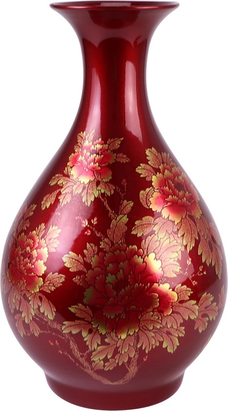 Fine Asianliving Chinese Vaas Porselein Rood Goud Pioenen Handgemaakt - Aurore D22xH37cm