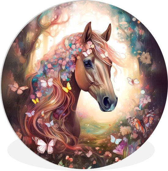 WallCircle® Wandcirkel 30x30 cm - Muurcirkel Paard - Natuur - Bloemen - Vlinders - Bos - Muurdecoratie woonkamer - Wanddecoratie slaapkamer - Kamer decoratie accessoires - Ronde schilderijen