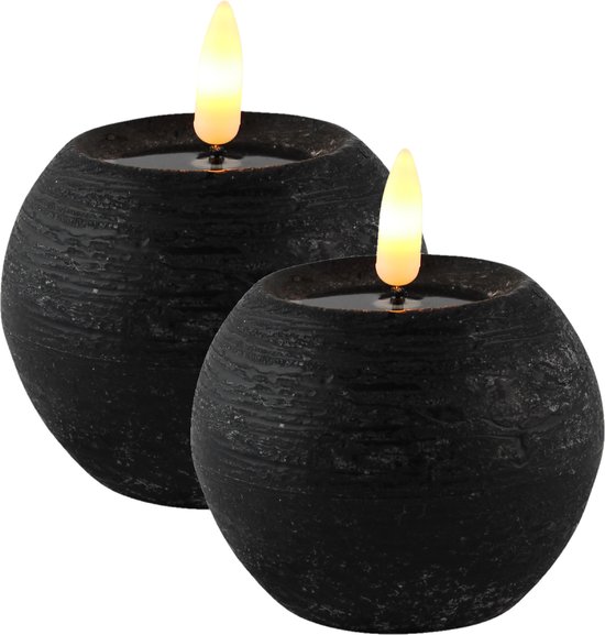 Bougies/bougies boule LED Magic Flame - 2x pcs - ronde - noir - D8 x H7,5 cm