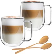 Altom Design Andrea verres à café ou verres à thé à double paroi avec anse 300 ML - Set de 2 - Verre trempé - Avec 2 cuillères à café dorées