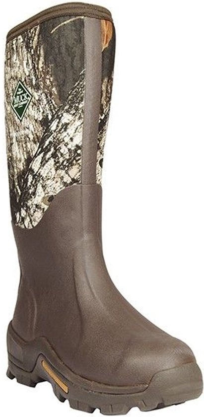 Bruine Muck Boot laars met camouflageprint aan de bovenkant en een oranje voering.