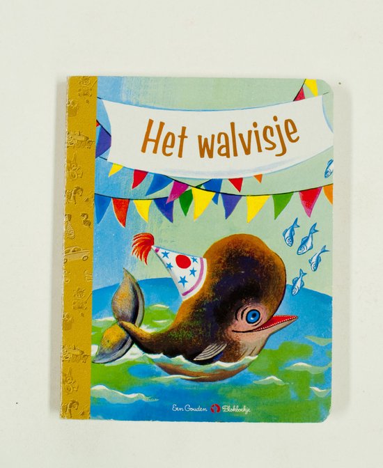Une baleine marron avec un chapeau de fête nage dans la mer, avec des guirlandes et de petits poissons.