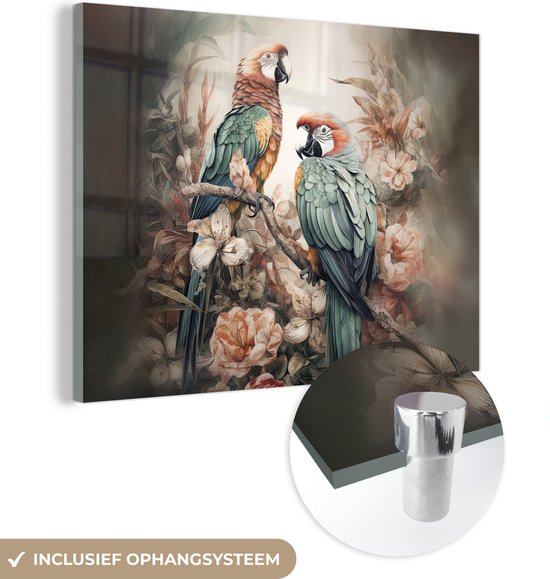 MuchoWow® Glasschilderij 40x30 cm - Schilderij acrylglas - Papegaaien - Vogels - Natuur - Bloemen - Foto op glas - Schilderijen