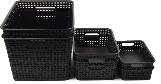 Lot De 6 Paniers De Rangement En Rotin Mix En Plastique Noir, Paniers De Bureau