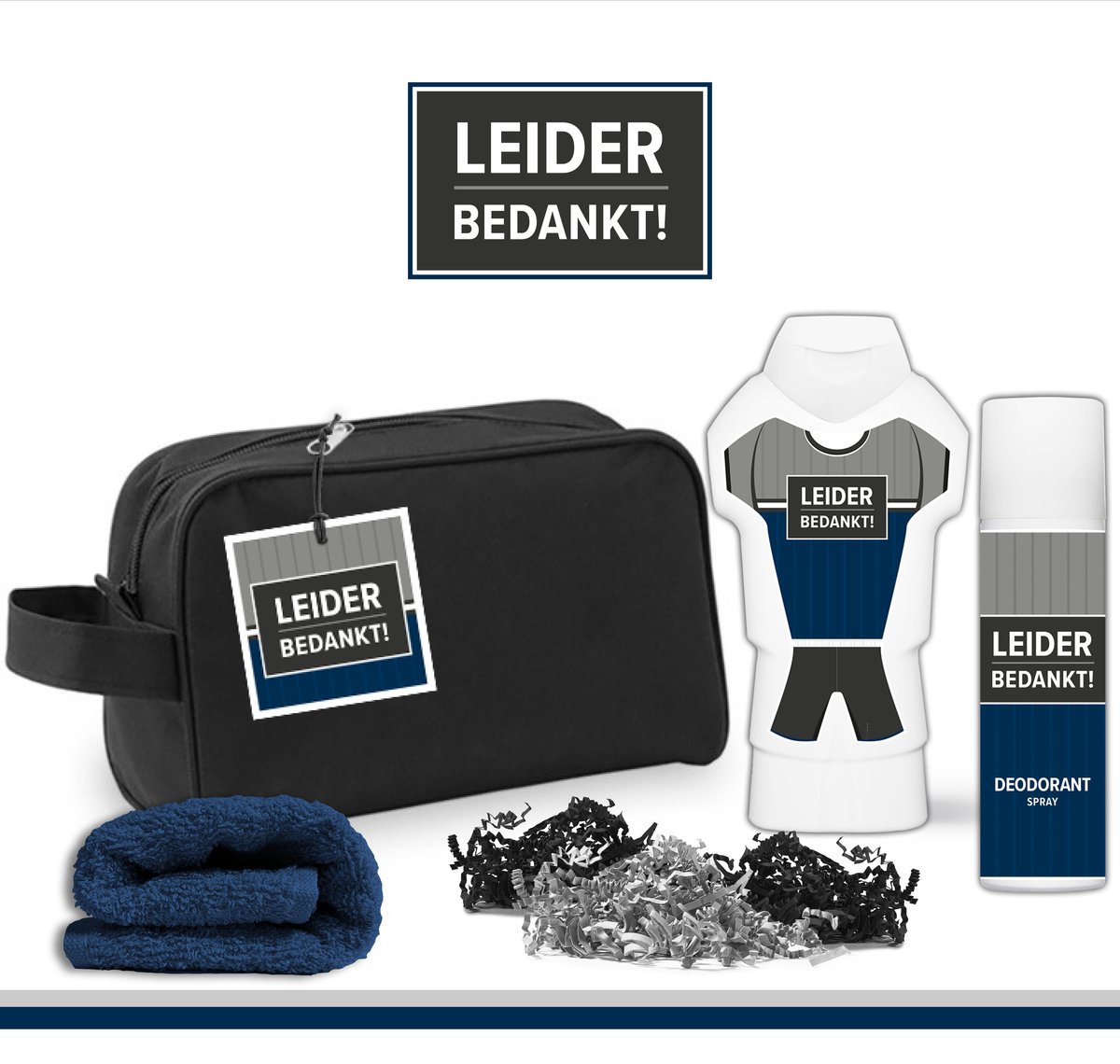Goedkoopste Geschenkset Leider bedankt! - 4 producten - 500 gram | Toilettas - Cadeau - Man - Toernooi - Voetbal - Volleybal - Hockey - Handbal - Basketbal - Korfbal - Trefbal - Waterpolo - Rugby - Sport - Wedstrijd - Team Leider - Trainer - Coach - Blauw