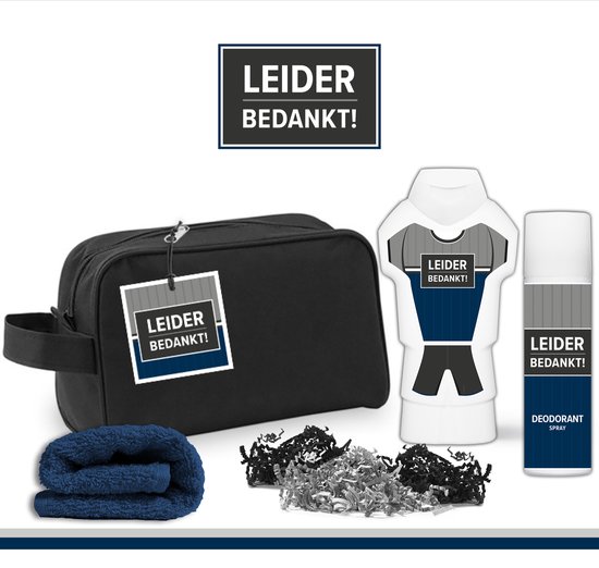 Foto: Geschenkset leider bedankt 4 producten 500 gram toilettas cadeau man toernooi voetbal volleybal hockey handbal basketbal korfbal trefbal waterpolo rugby sport wedstrijd team leider trainer coach blauw