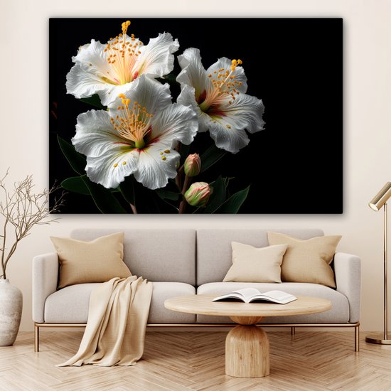 Canvas schilderij 150x100 cm - Wanddecoratie Bloemen - Wit - Hibiscus - Natuur - Zwart - Muurdecoratie woonkamer - Slaapkamer decoratie - Kamer accessoires - Schilderijen op canvas