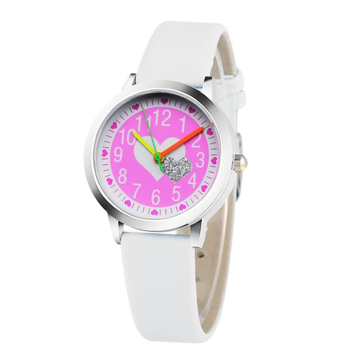 Kinder Horloge | Glitter Hart - Wit | Kunstleer | Ø 30 mm | Fashion Favorite