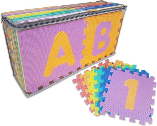 ABC / 123 Foam Puzzel Speelmat - 36 Speelmatten - 121 delig - Uitneembare Figuren - Afwerkranden - Multi Kleuren - Puzzelmat 182x182x1cm - Merkloos