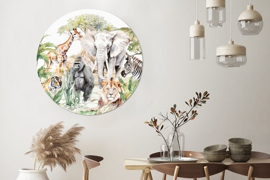WallCircle - Wandcirkel - Muurcirkel - Jungle - Dieren - Waterverf - Kinderkamer - Kind - Jongens - Aluminium - Dibond - 120x120 cm - Binnen en Buiten XXL