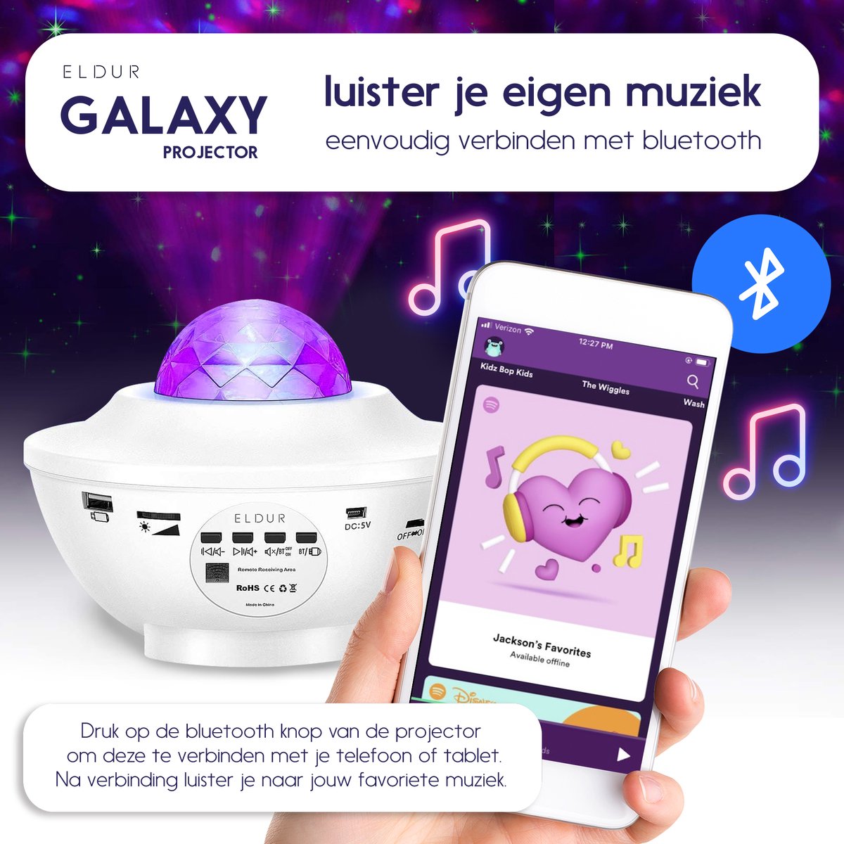 Eldur® Originele Sterren Projector - Wit - Galaxy projector - Sterrenhemel - Bluetooth met Muziek – foto 6