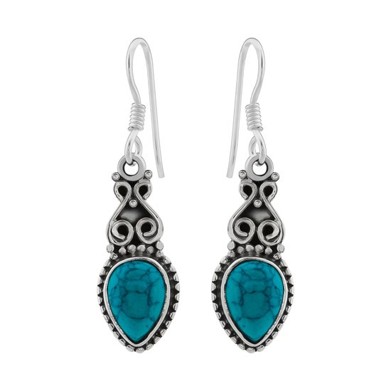 Zilveren oorbellen met hanger dames | Zilveren oorhangers, turquoise steen en sierlijke details